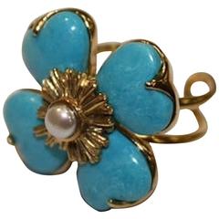 Goossens Paris Turquoise and Natural Pearl Adjustable Ring