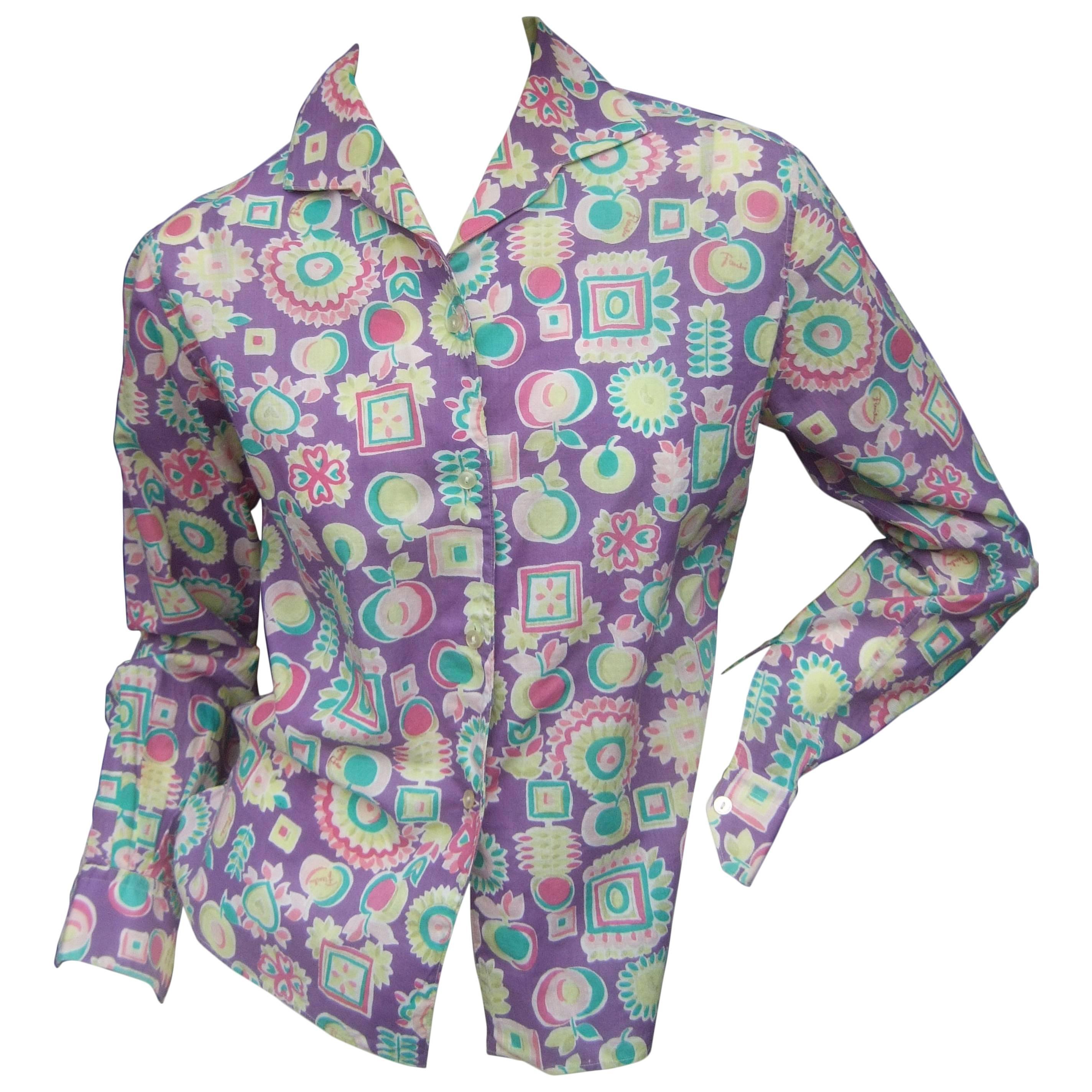 Emilio Pucci Cotton Pastel Print Blouse Made in Italy c 1970