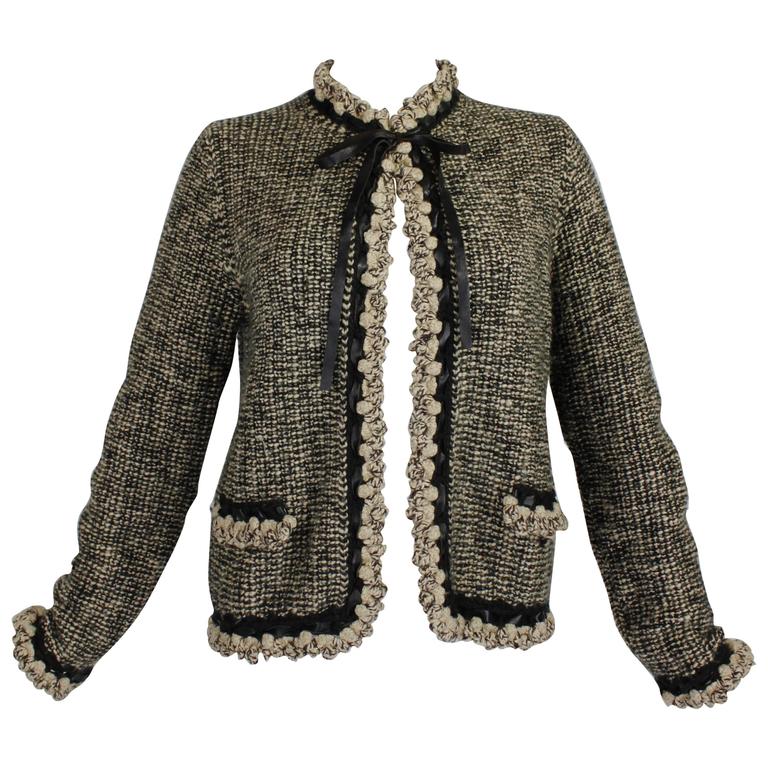1990s CHANEL Wool and Camel Hair Cardigan with Braided Leather Detail ...