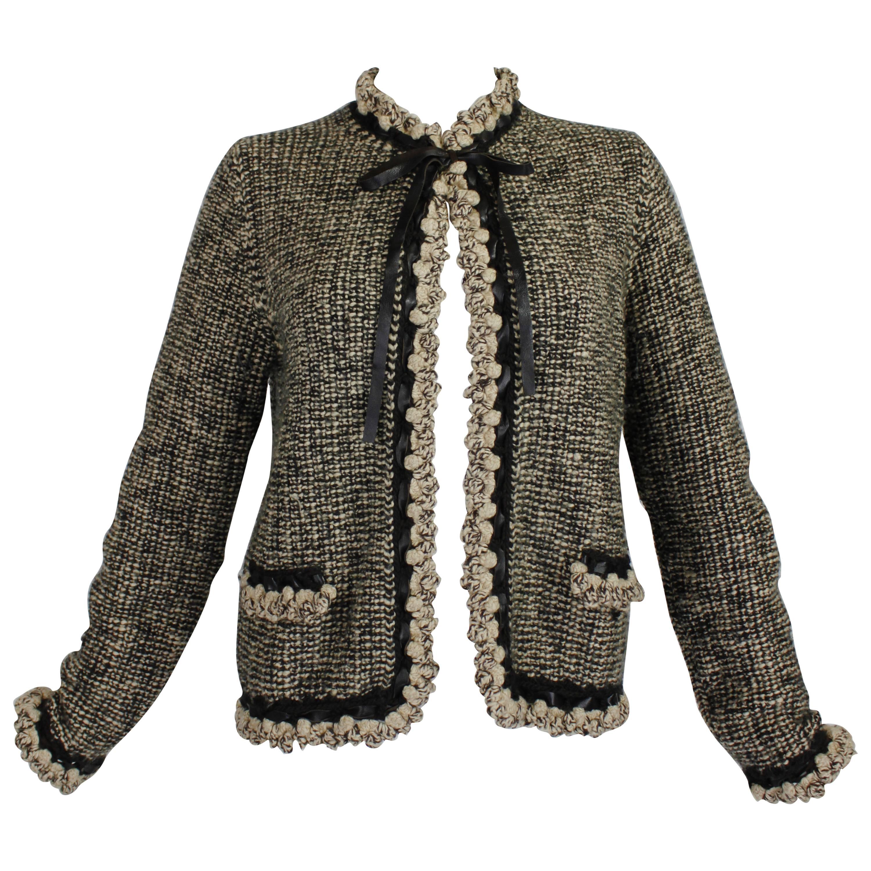 1990s CHANEL Wool and Camel Hair Cardigan with Braided Leather Detail