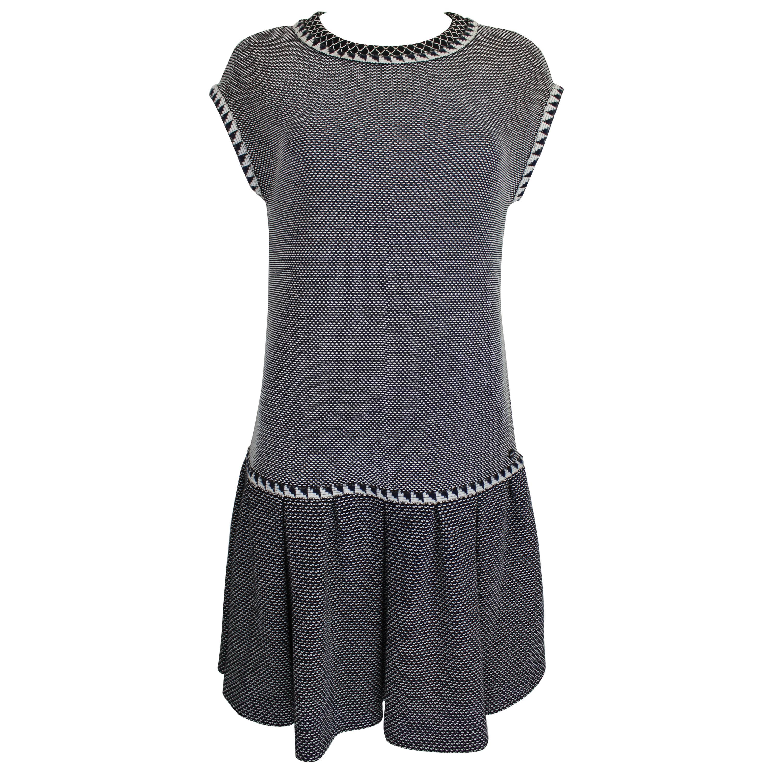 1990s CHANEL Graphic Knit Drop Waisted Pleated Dress