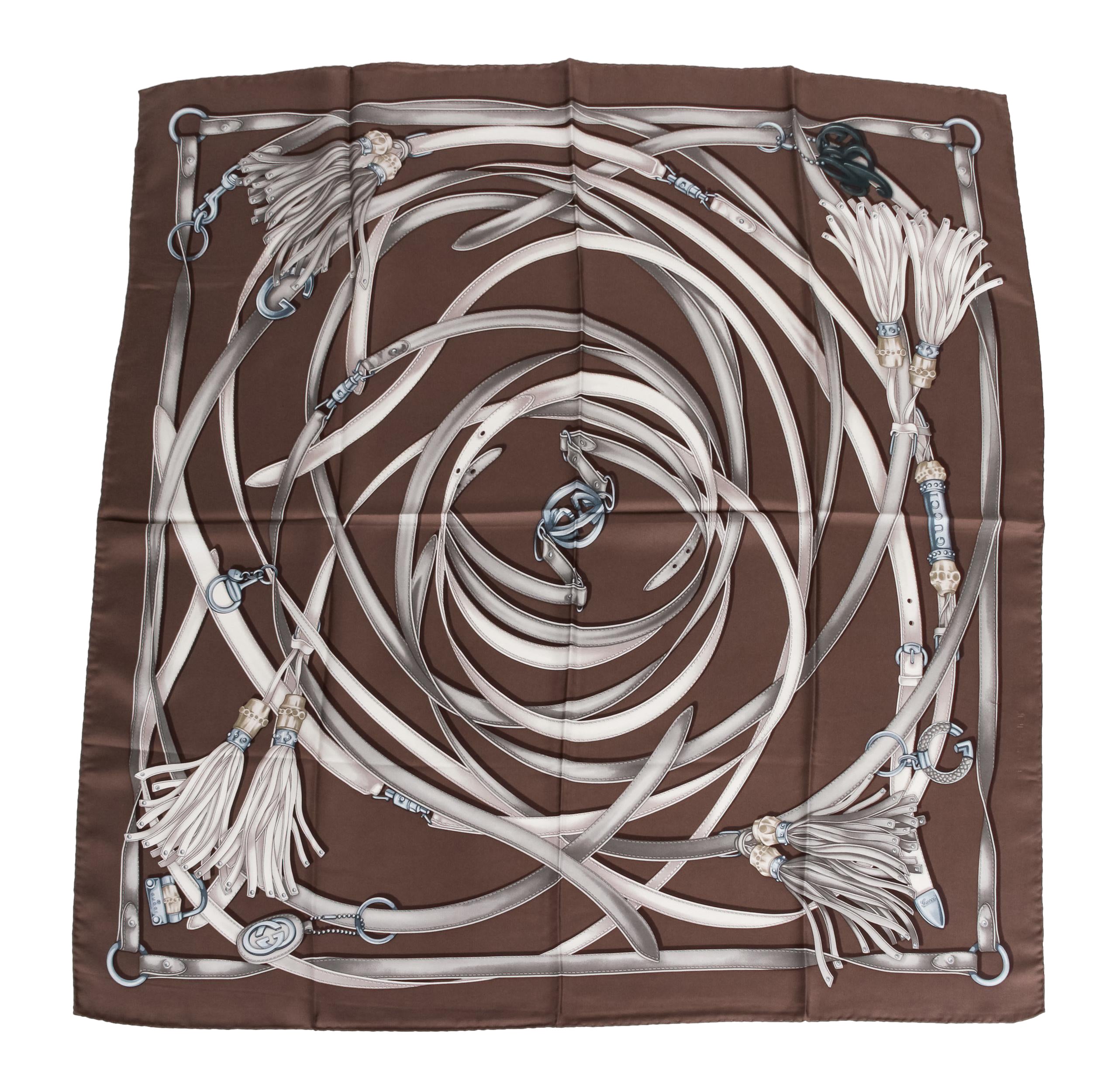 New Gucci Taupe Equestrian Silk Scarf For Sale