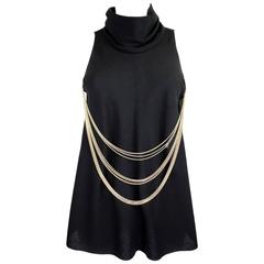 1990s CHANEL Black Wool Turtleneck Tunic with Multistrand Gold Chains