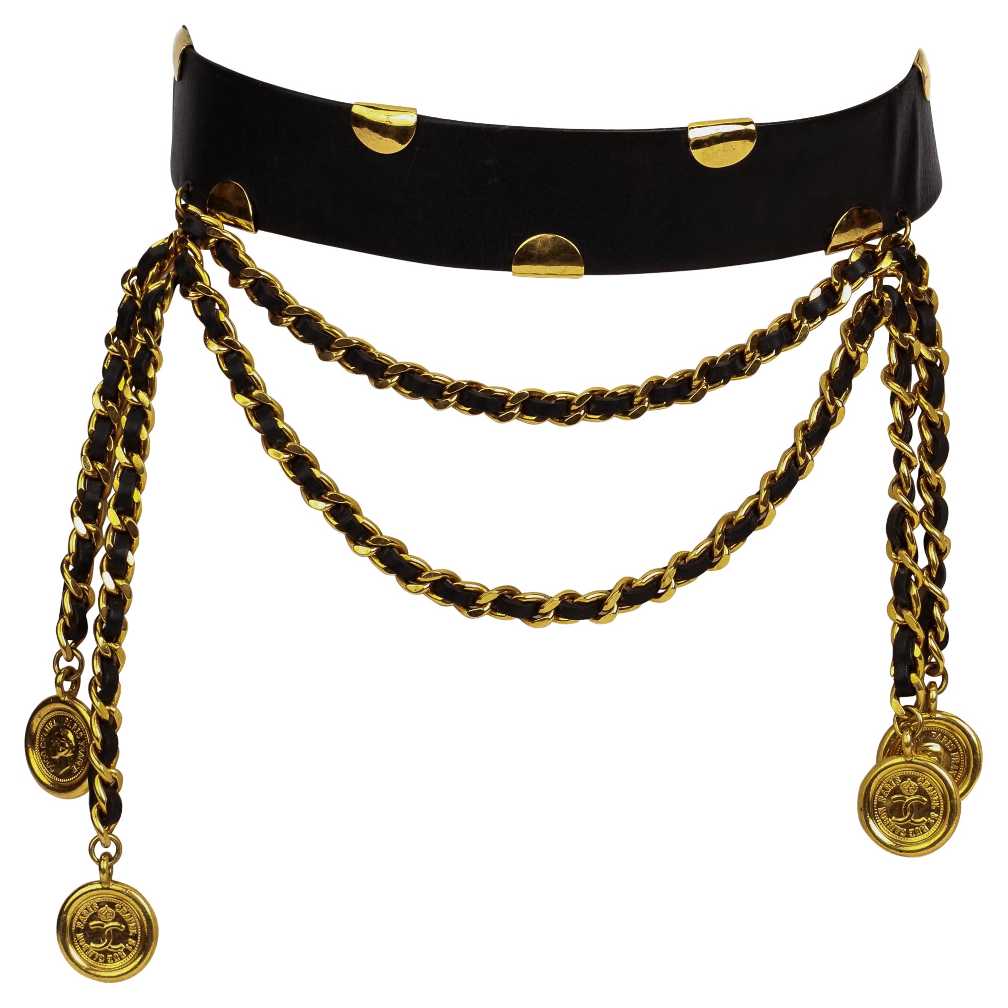 90's Vintage Chanel Black Leather Chain Belt Spring For Sale