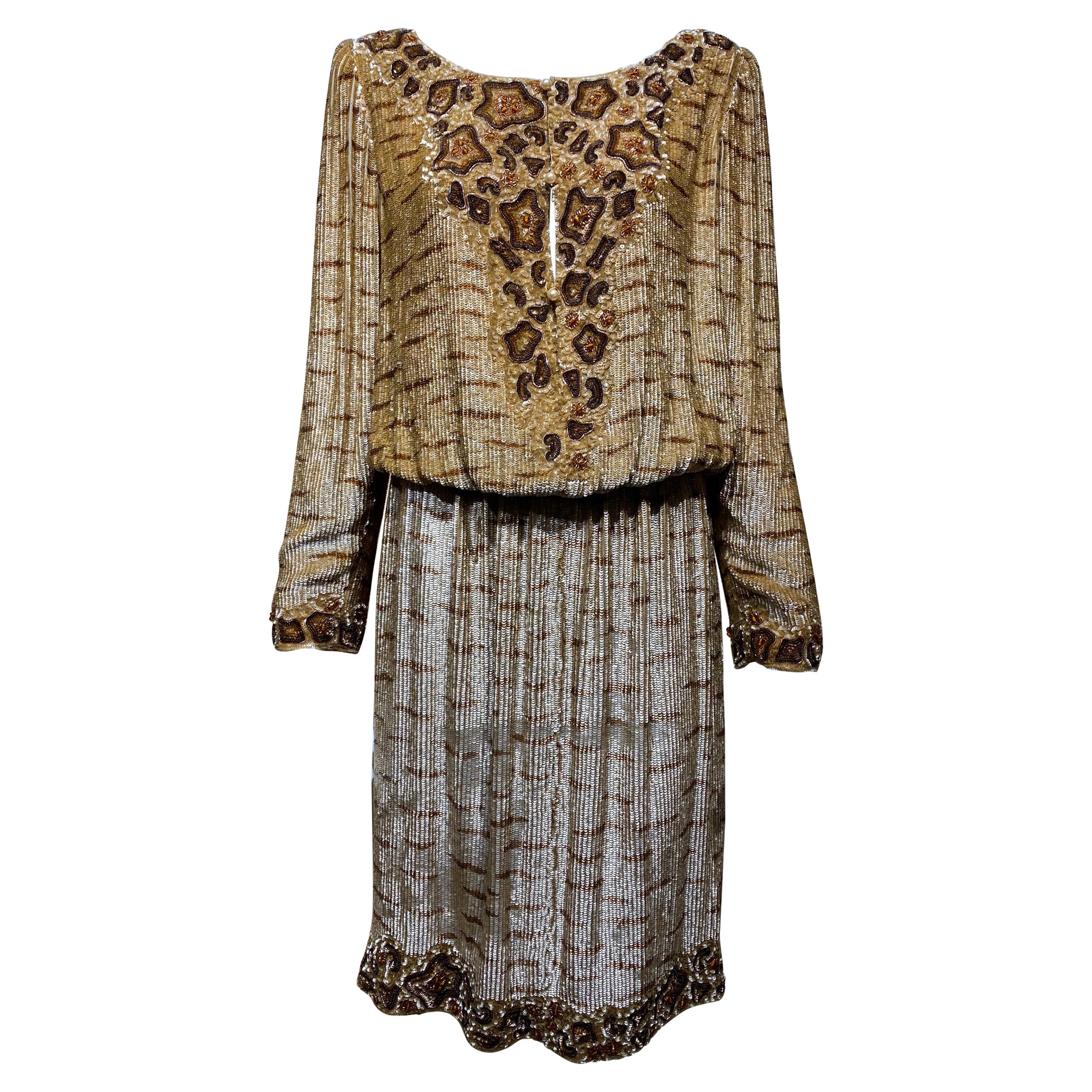 1990s BILL BLASS Brown Beaded Long Sleeves Cocktail Dress For Sale