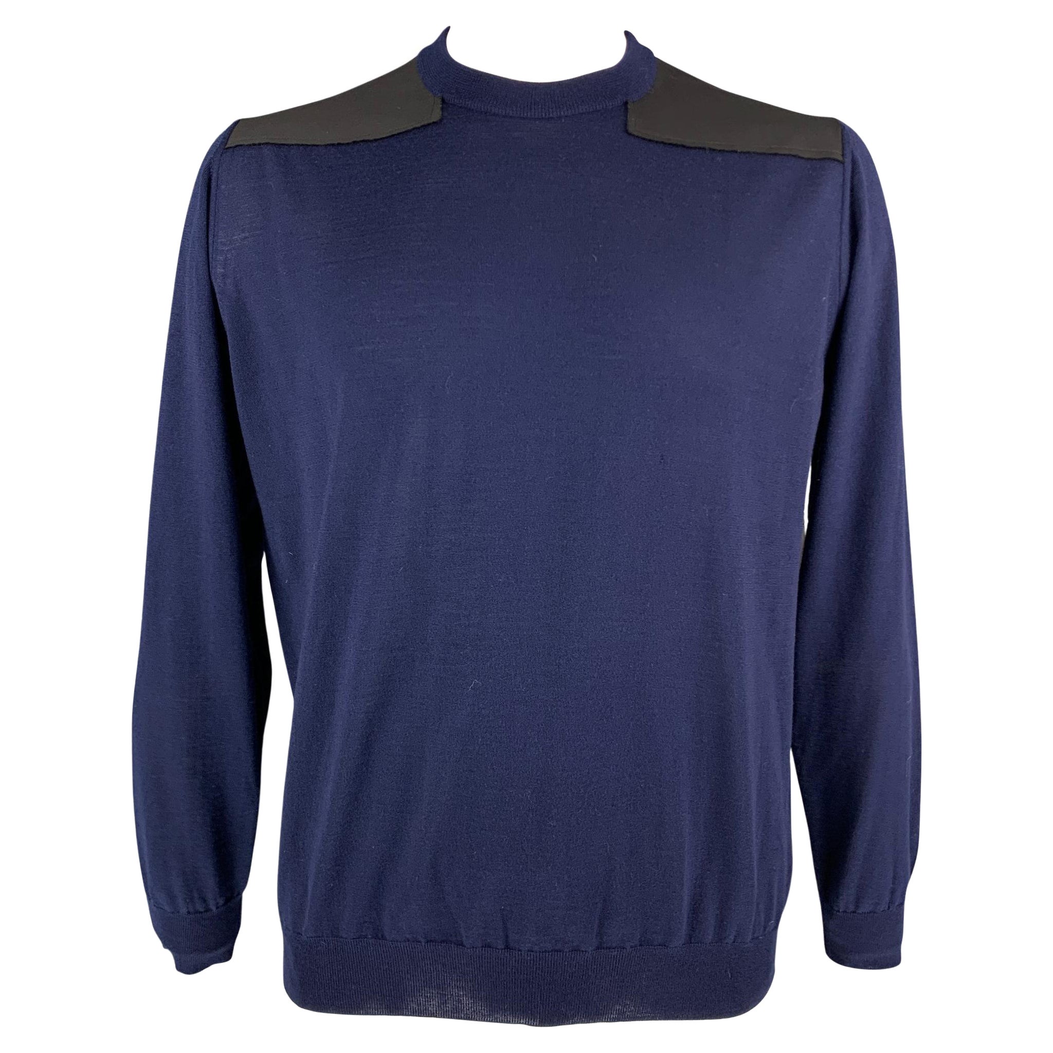 LANVIN Size XXL Navy Knitted Wool Crew-Neck Pullover