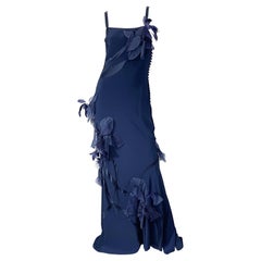 NWT John Galliano Size 10 Early 2000s Navy Blue Feather Silk / Satin Gown Dress