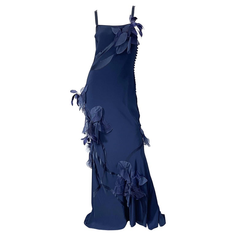 NWT John Galliano Size 10 Early 2000s Navy Blue Feather Silk / Satin Gown Dress For Sale