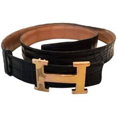 Vintage Hermes Gold Tone 'H' Crocodile Belt 1