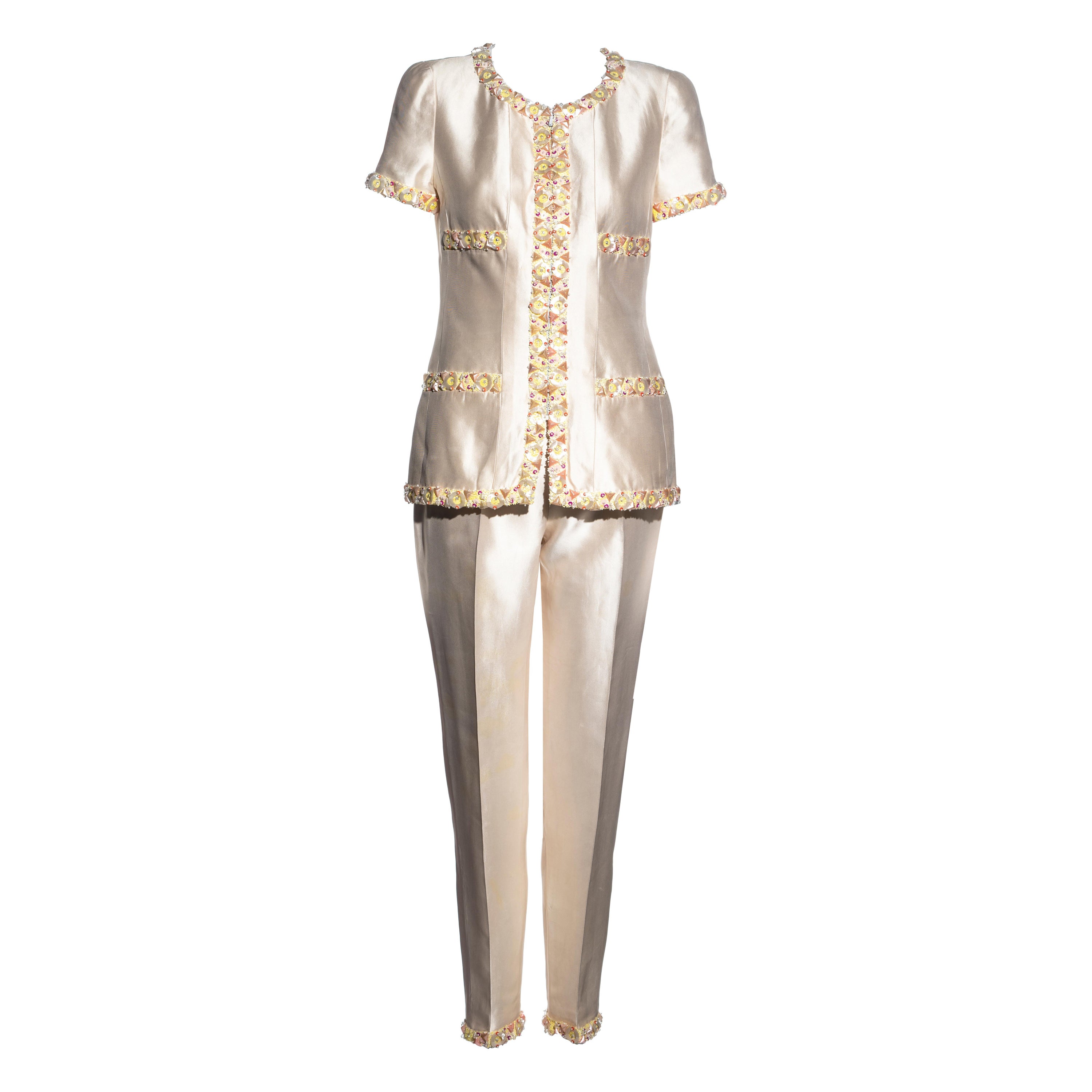 Chanel by Karl Lagerfeld ivory silk embellished evening pant suit, ss 1996