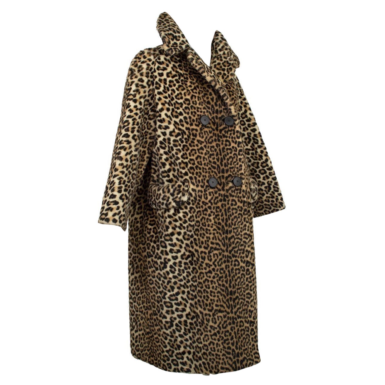 Mod *Large Size* Faux Leopard ¾ Length A-Line Bracelet Sleeve Coat – L-XL, 1960s