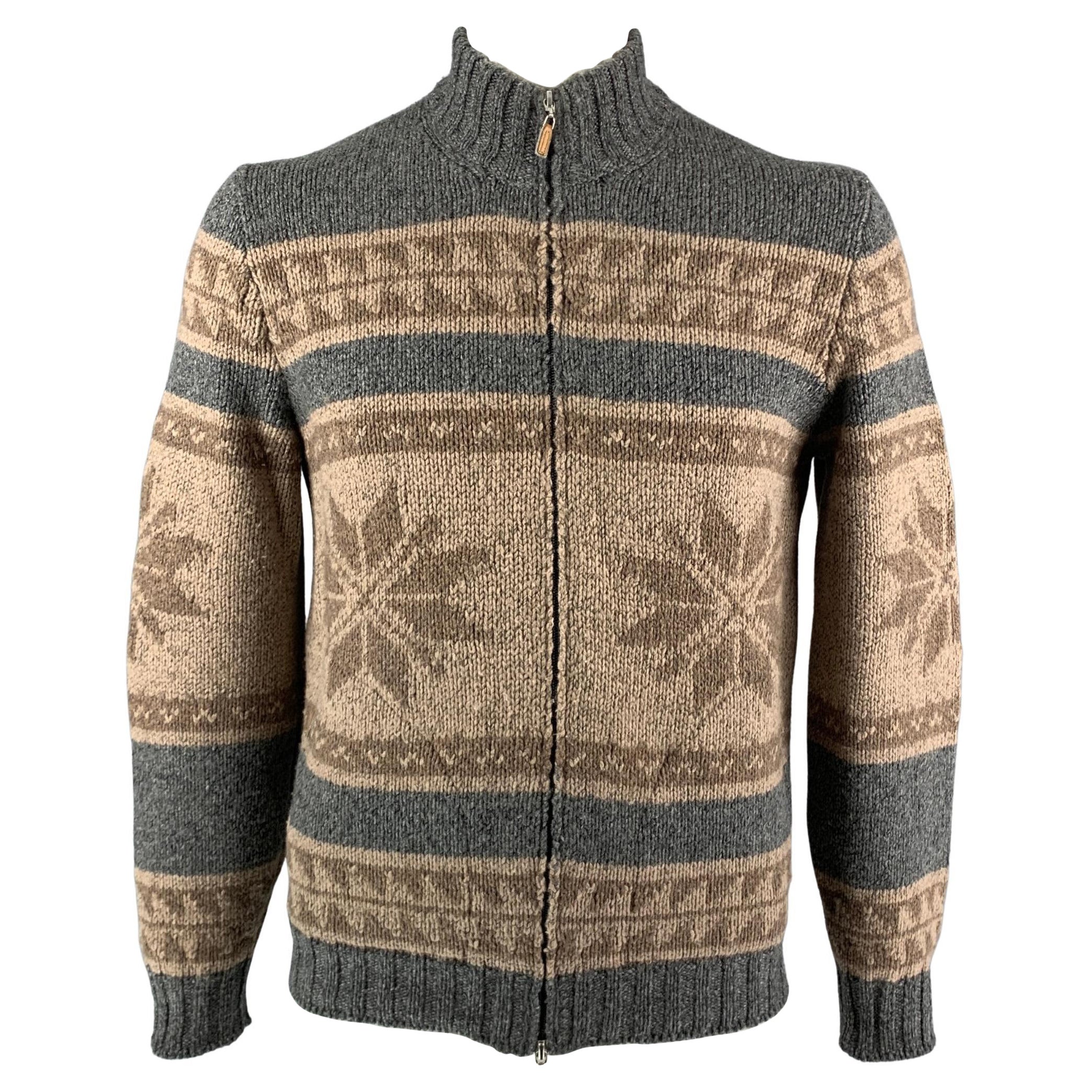 BRUNELLO CUCINELLI Size 42 Grey & Brown Knitted Cashmere Zip Up Jacket
