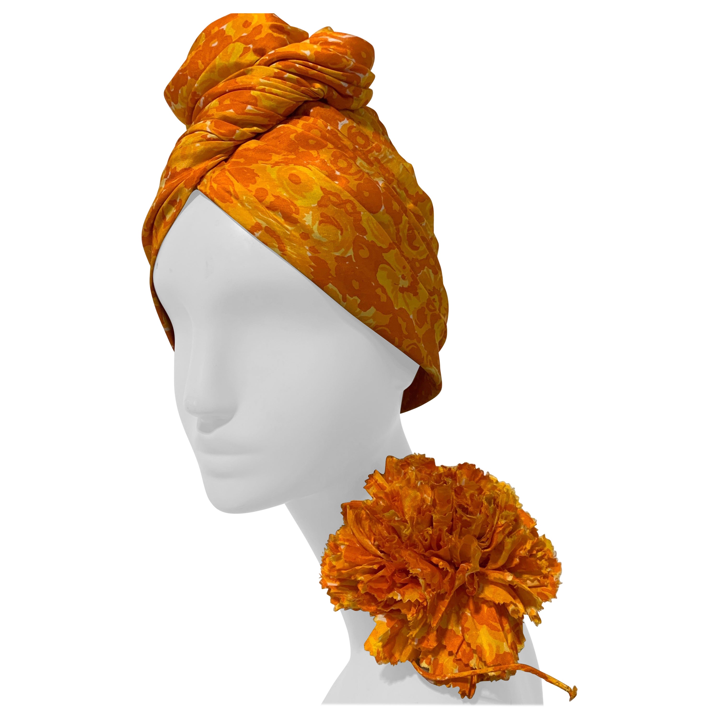 1960 Saks Silk Orange & Yellow Floral Print Turban W/ Twisted Knot & Corsage 