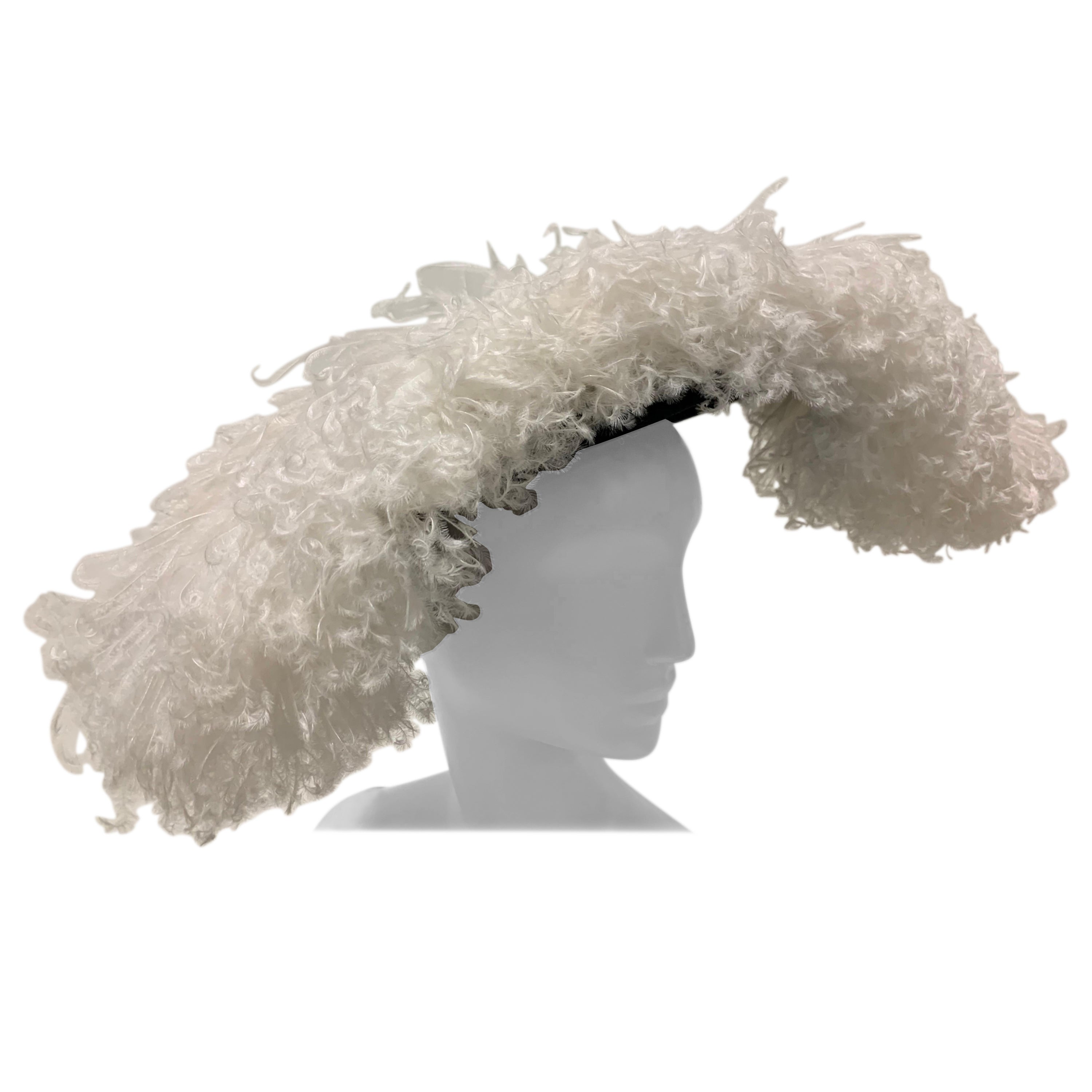 1947 Maud et Nano Spectacular Black Felt Platter Hat w/ Lavish Ostrich Plume For Sale