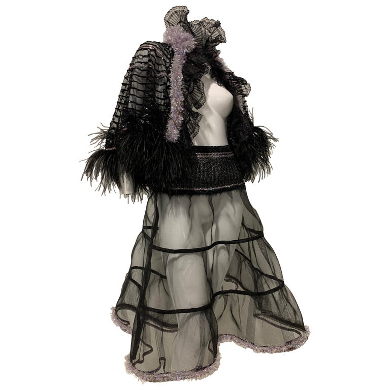 Torso Creations Black Sequin Cape W/ Ostrich Feather Trim & Crinoline Ensemble  For Sale