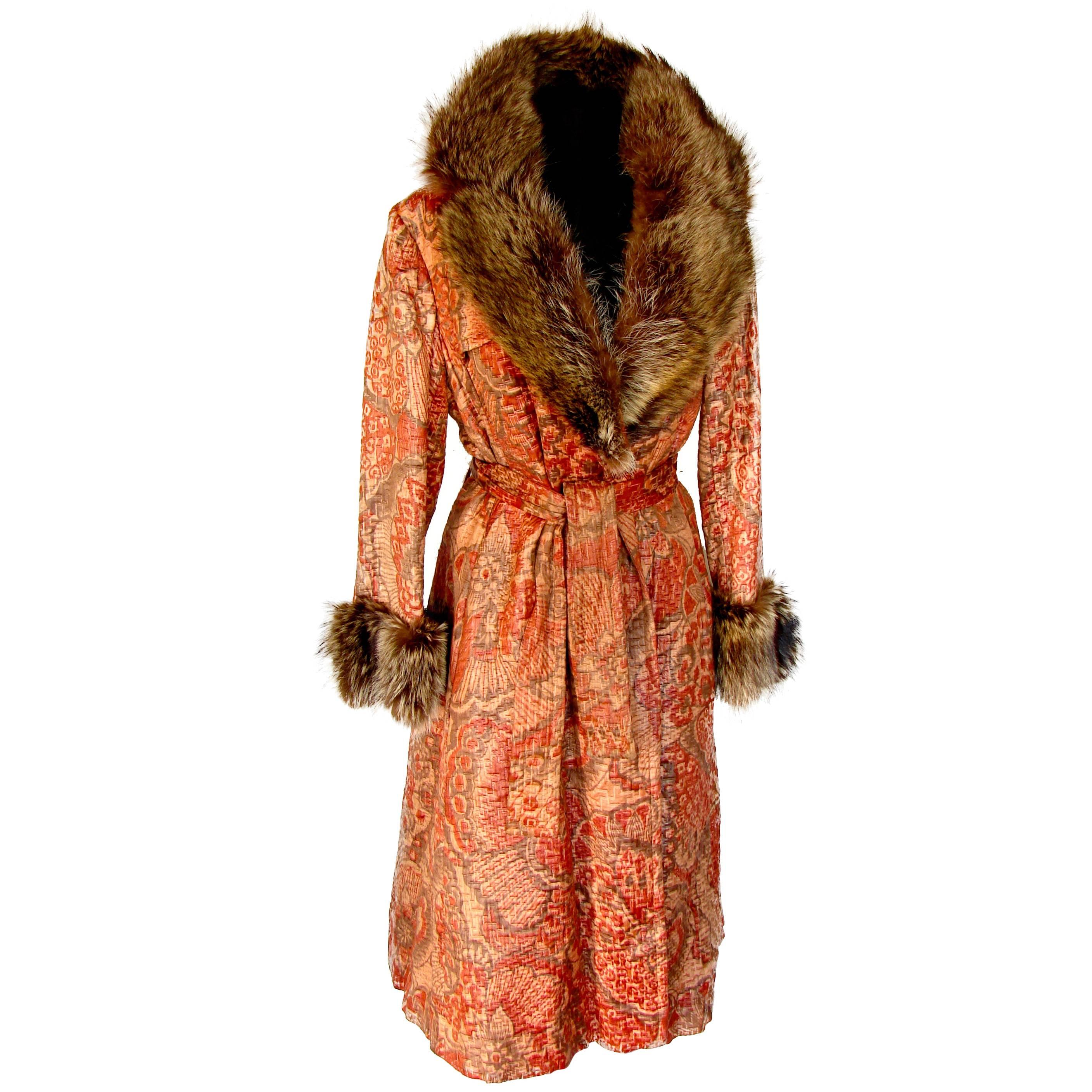 Bill Blass Raccoon Fur Trim Coral + Beige Silk Textured Coat Rare 1970s 