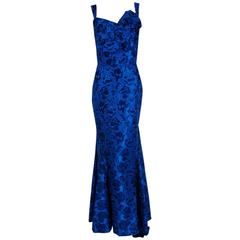 1950's Peggy Hunt Sapphire-Blue Roses Floral Silk Sculpted Mermaid Evening Gown