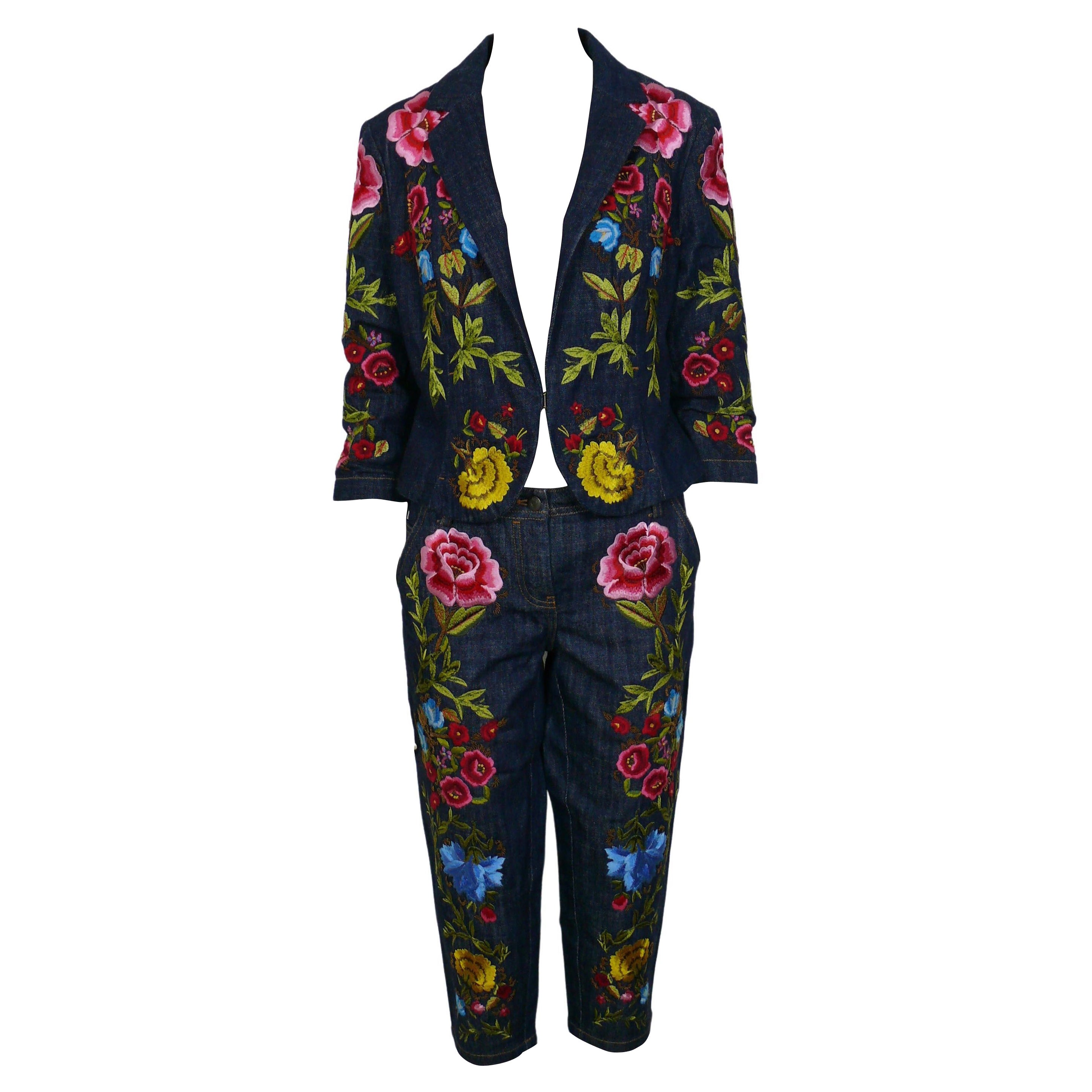 Christian Lacroix Vintage Embroidered Denim Blazer and Cropped Pants Trousers