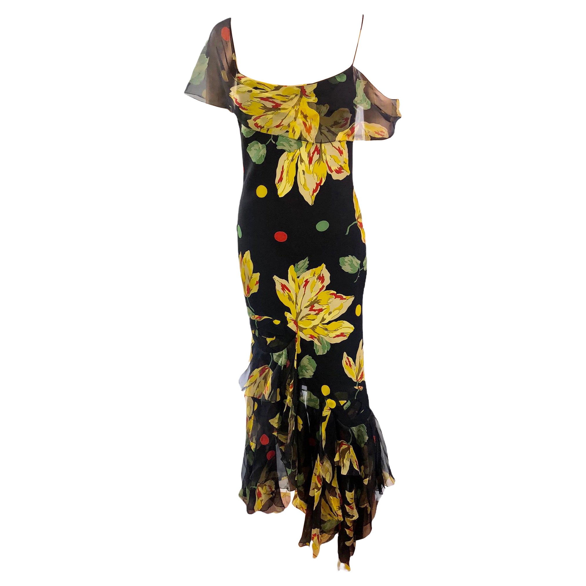 John Galliano S/S 2004 Floral Print Bias Cut Silk Slip Maxi Evening Dress Gown