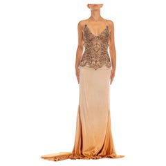 1990S Nude Silk Charmeuse Swarovski Encrusted Lace Bodice Gown With Train