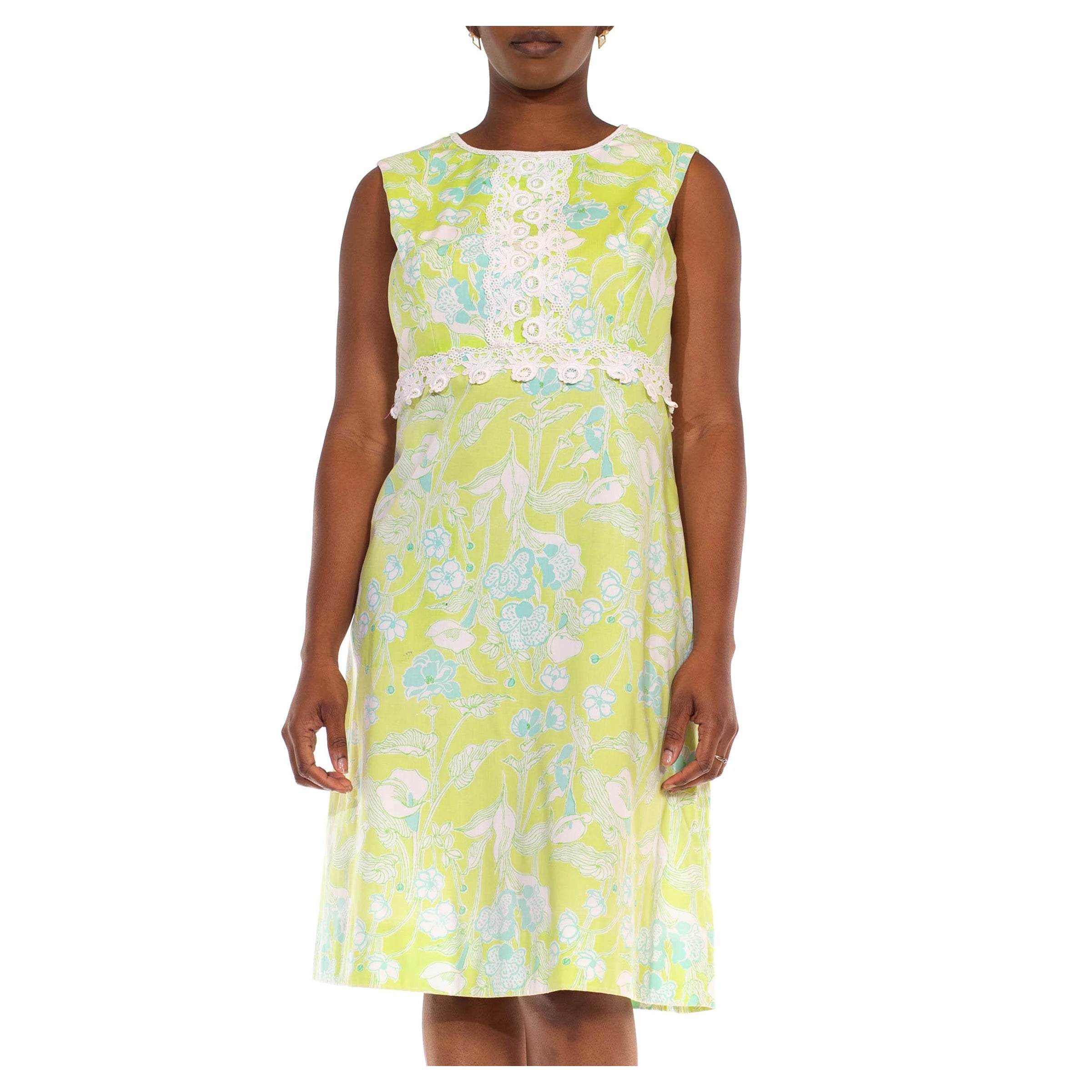 1960S LILLY PULITZER Light Green & Blue Cotton Sleeveless Floral Dress With Lace For Sale