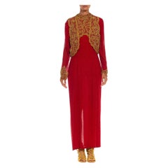 1980S Red & Gold Silk Fully Beaded Halter Gown Bolero