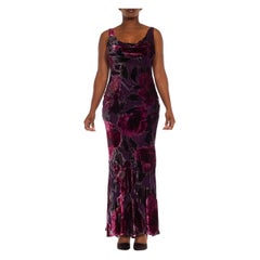 1990S Purple Bias Cut Rayon & Silk Burnout Velvet Floral Cowl Neck Gown