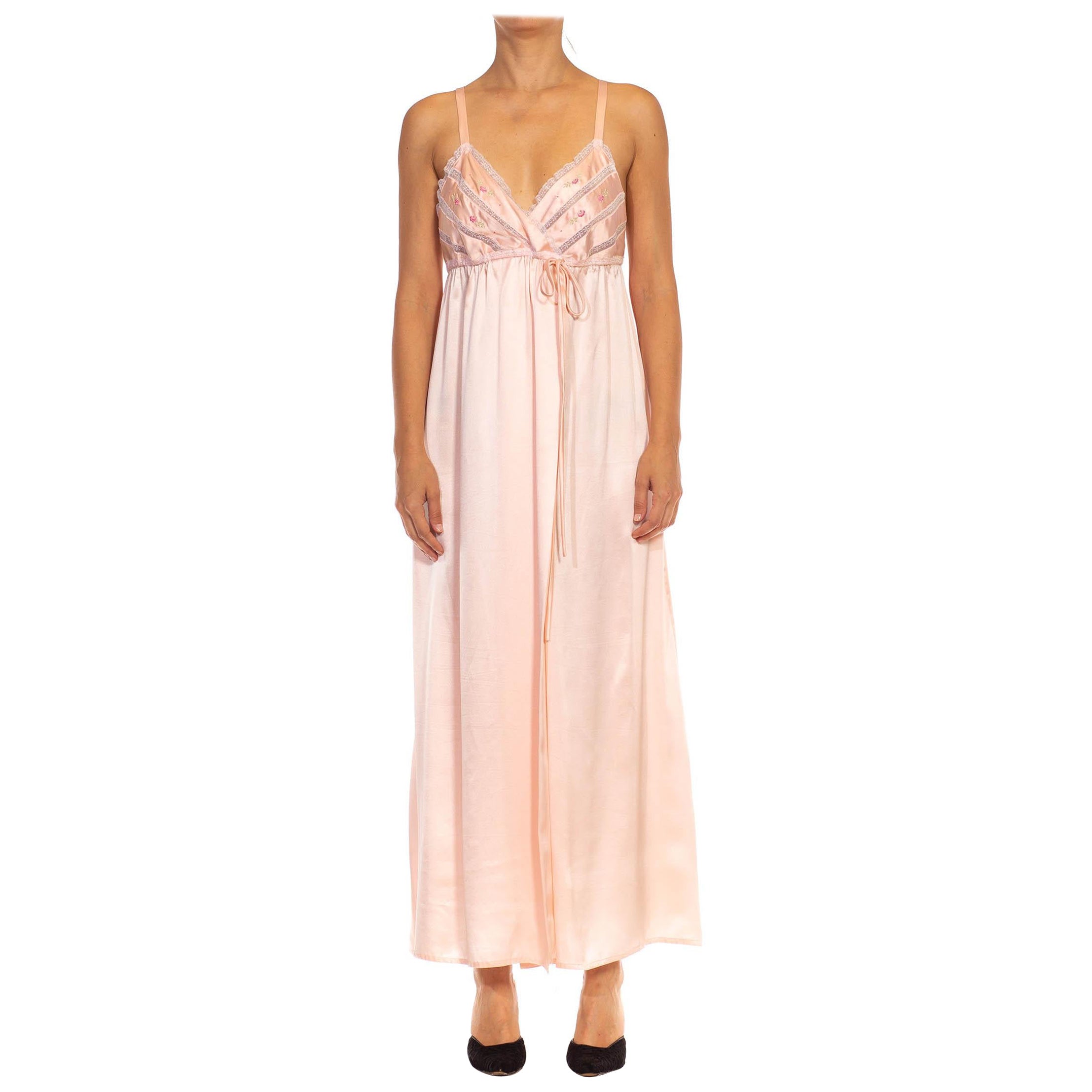 1990S Light Pink Silk Embroidered & Lace Trimming Slip Dress For Sale