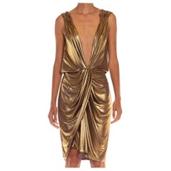 1990S MOSCHINO Liquid Gold Jersey Sexy Renaissance Draped Cocktail Dress