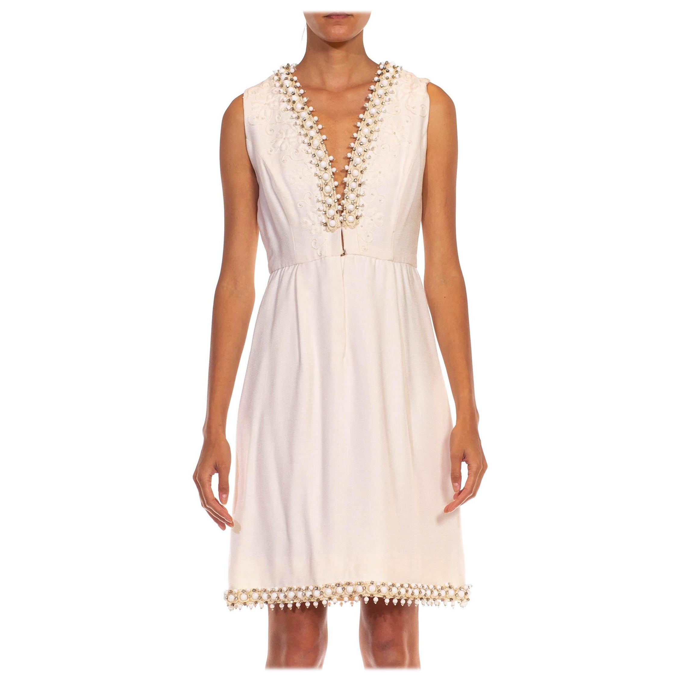 1960S OSCAR DE LA RENTA White Wool Blend Plunging V Neck Mod Dress With Crystals For Sale