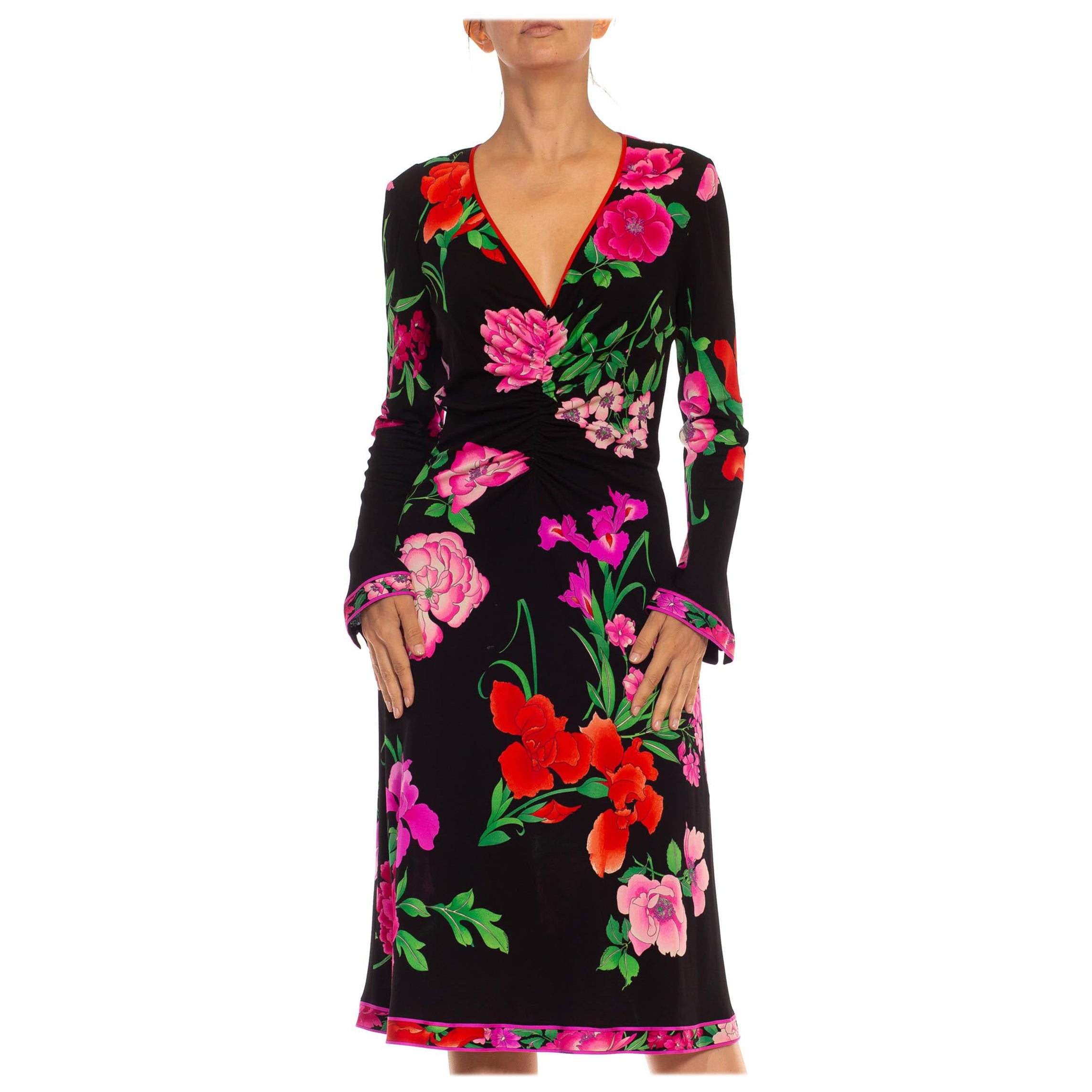 1980S LEONARD Black & Pink Polyester Jersey Front Ruched Floral Dress For Sale