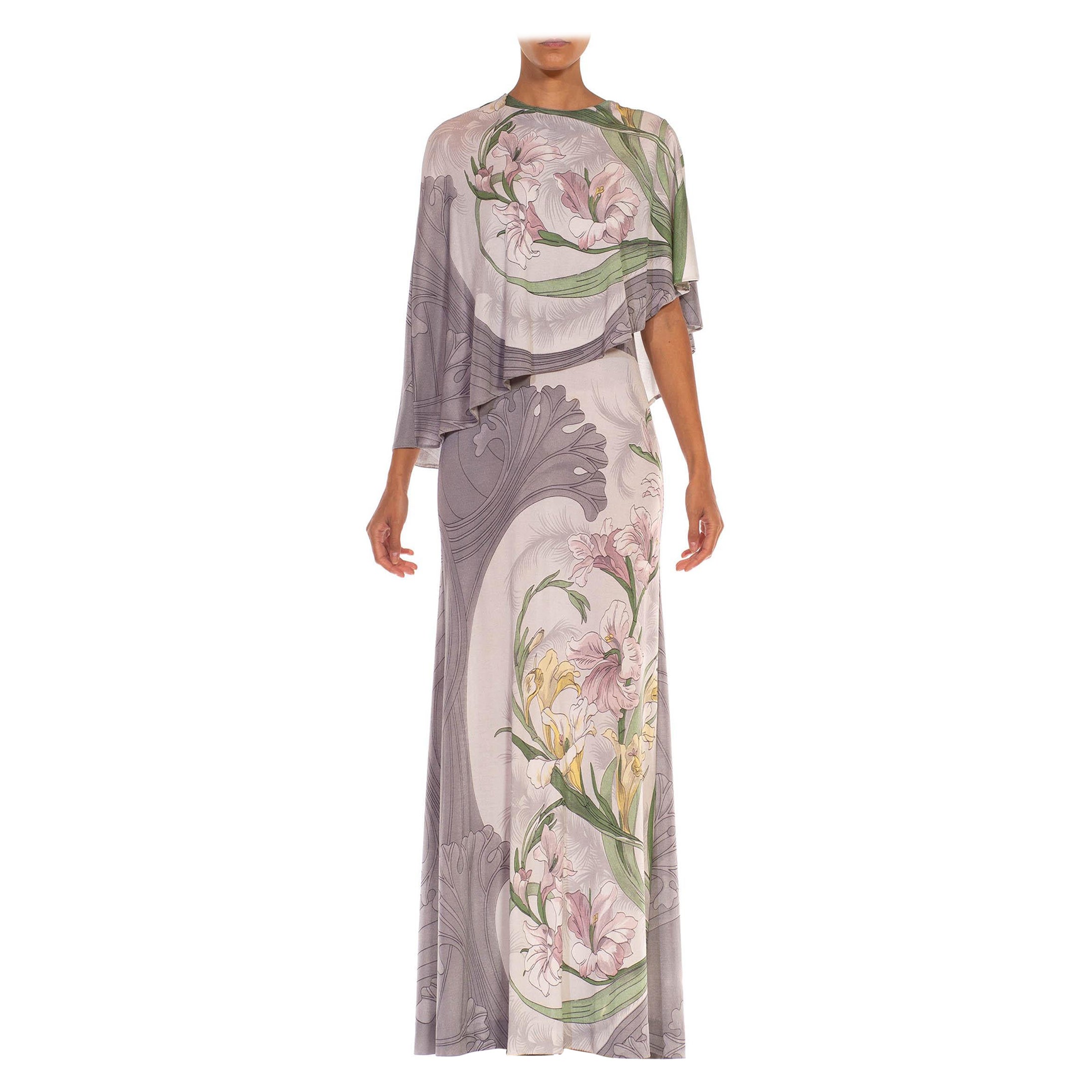 1970S LEONARD Grey Polyester Jersey Art Nouveau Daffodil Printed Gown With Atta For Sale