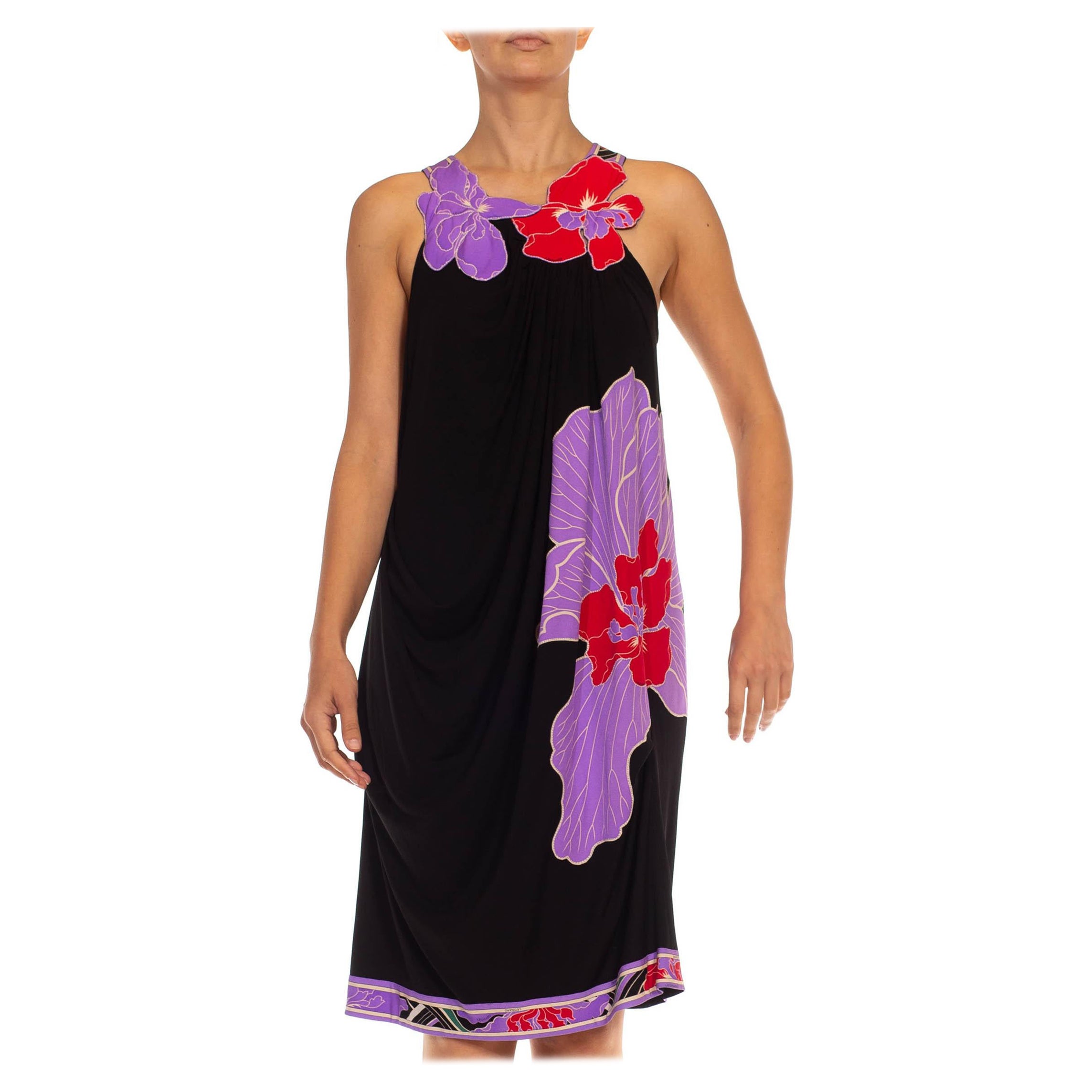 1990S LEONARD Black & Purple Jersey Sexy Draped Dress With Floral Appliqué Stra For Sale