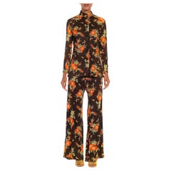 Vintage 1970S Brown & Orange Polyester Button Down Floral Ensemble