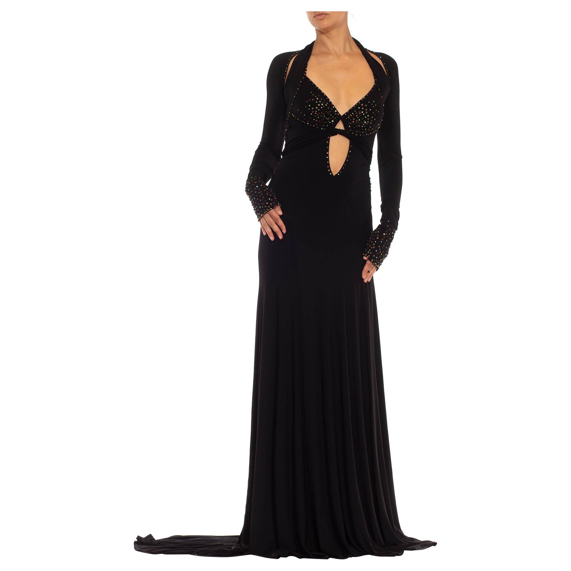 1990S Black Jersey Sexy Slinky Rhinestone Halter Neck Gown With Arm Sleeve Piece For Sale
