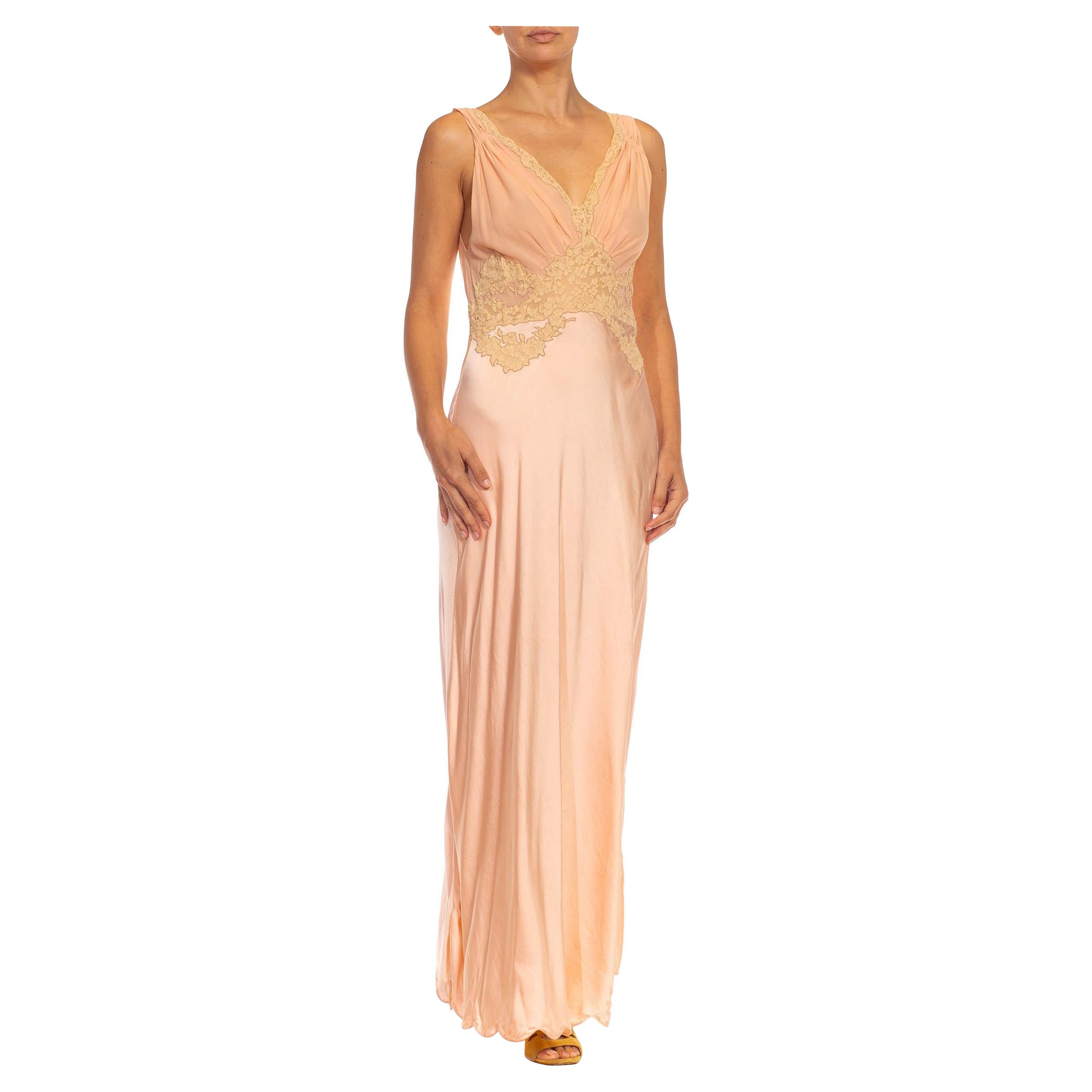 1930S Blush Pink Silk Satin Chiffon & Lace Couture Slip Dress For Sale
