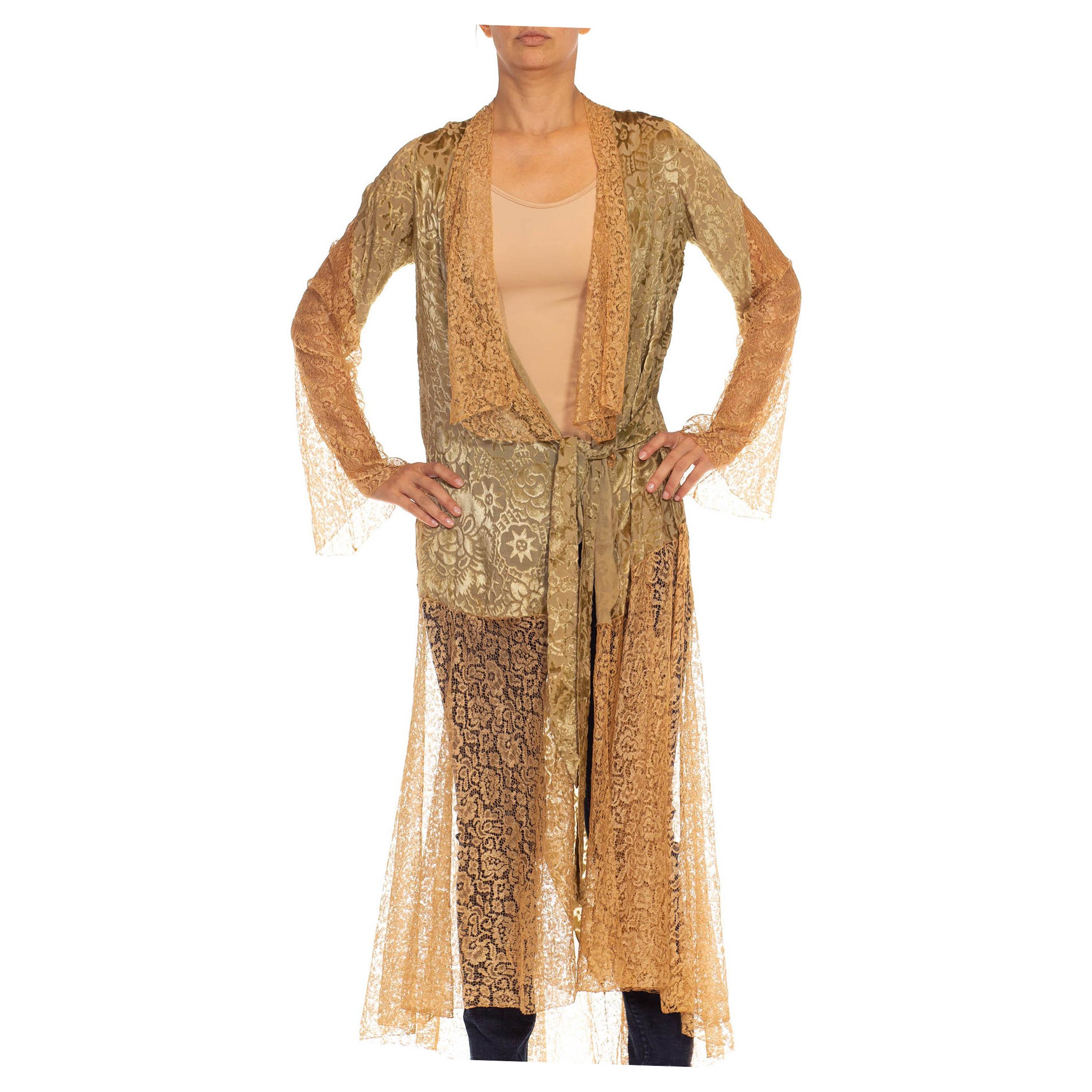 1920S Sage & Tan Burn Out Velvet Lace Wrap Dress Robe