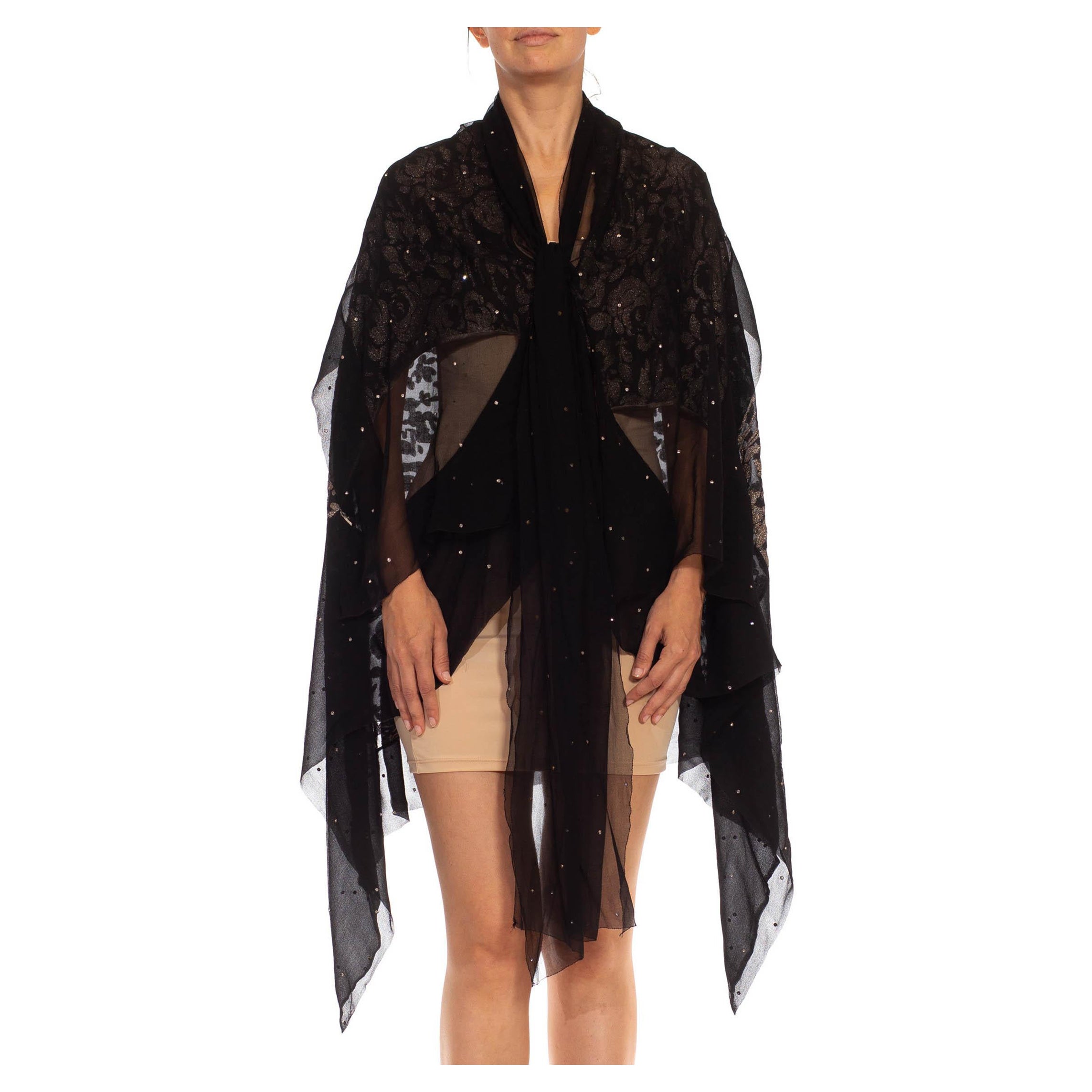1920S Black Silk & Lamé Chiffon Evening Wrap Kimono With Crystals For Sale