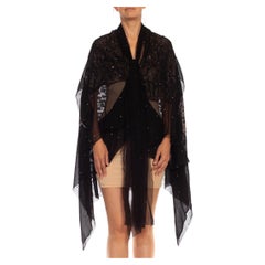 1920S Black Silk & Lamé Chiffon Evening Wrap Kimono With Crystals