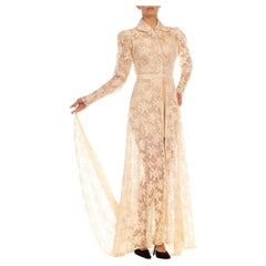Vintage 1930S Ivory Corded Lace Long Sleeve Duster With Train