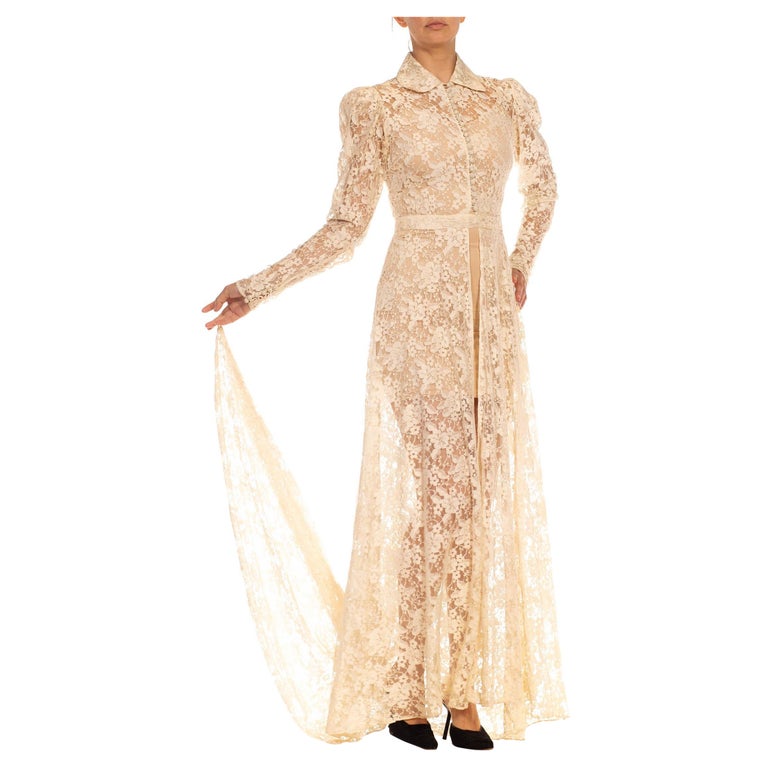 1930S Ivory Corded Lace Long Sleeve Duster With Train For Sale at 1stDibs