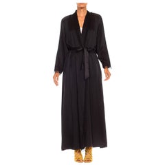 Vintage 1980S Black Silk Charmeuse Satin Robe With Zigzag Lace Trim