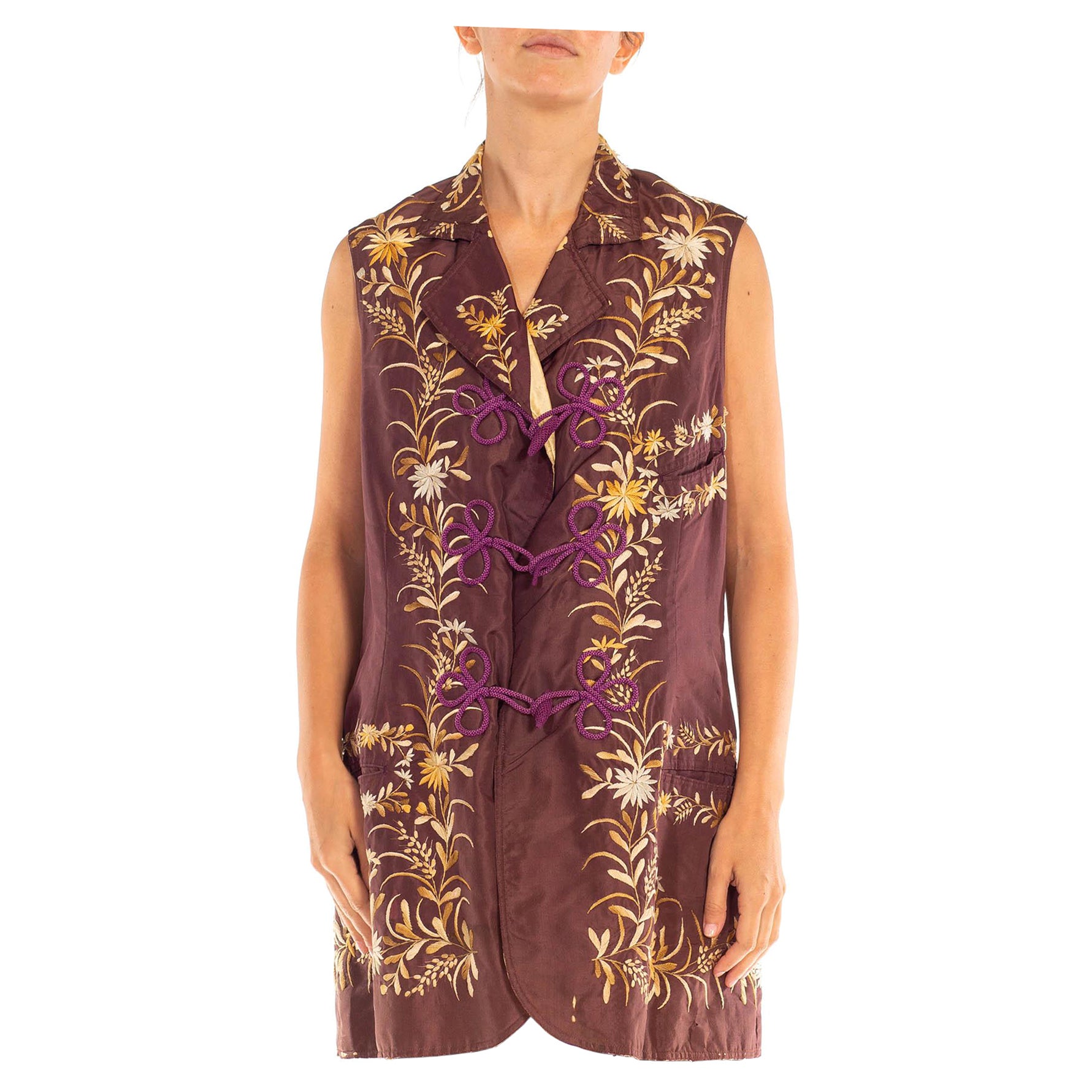 Victorian Egg Plant & Gold Floral Embroidered Silk Quilted Vest For Sale