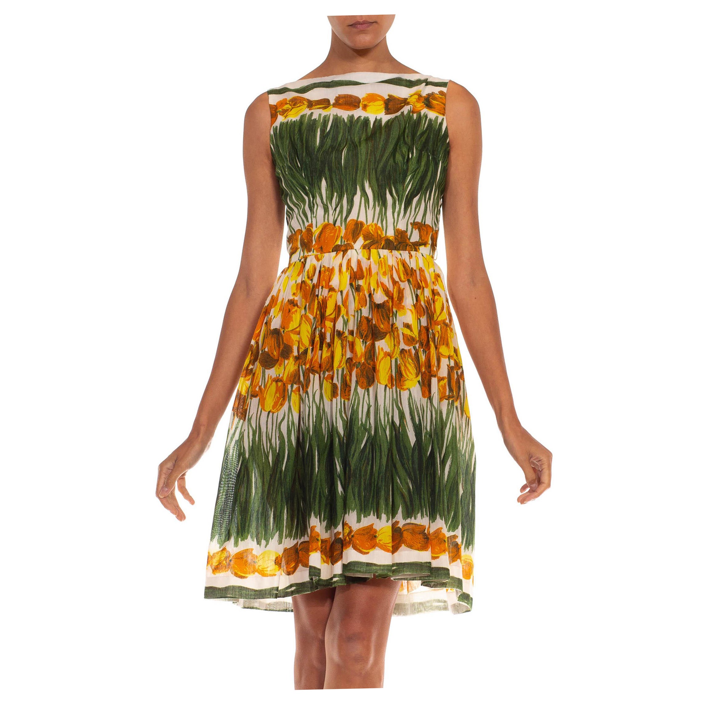 1950er Grün Weiß & Gelb Baumwolle Tulpen bedruckt Fit-Flare Kleid im Angebot