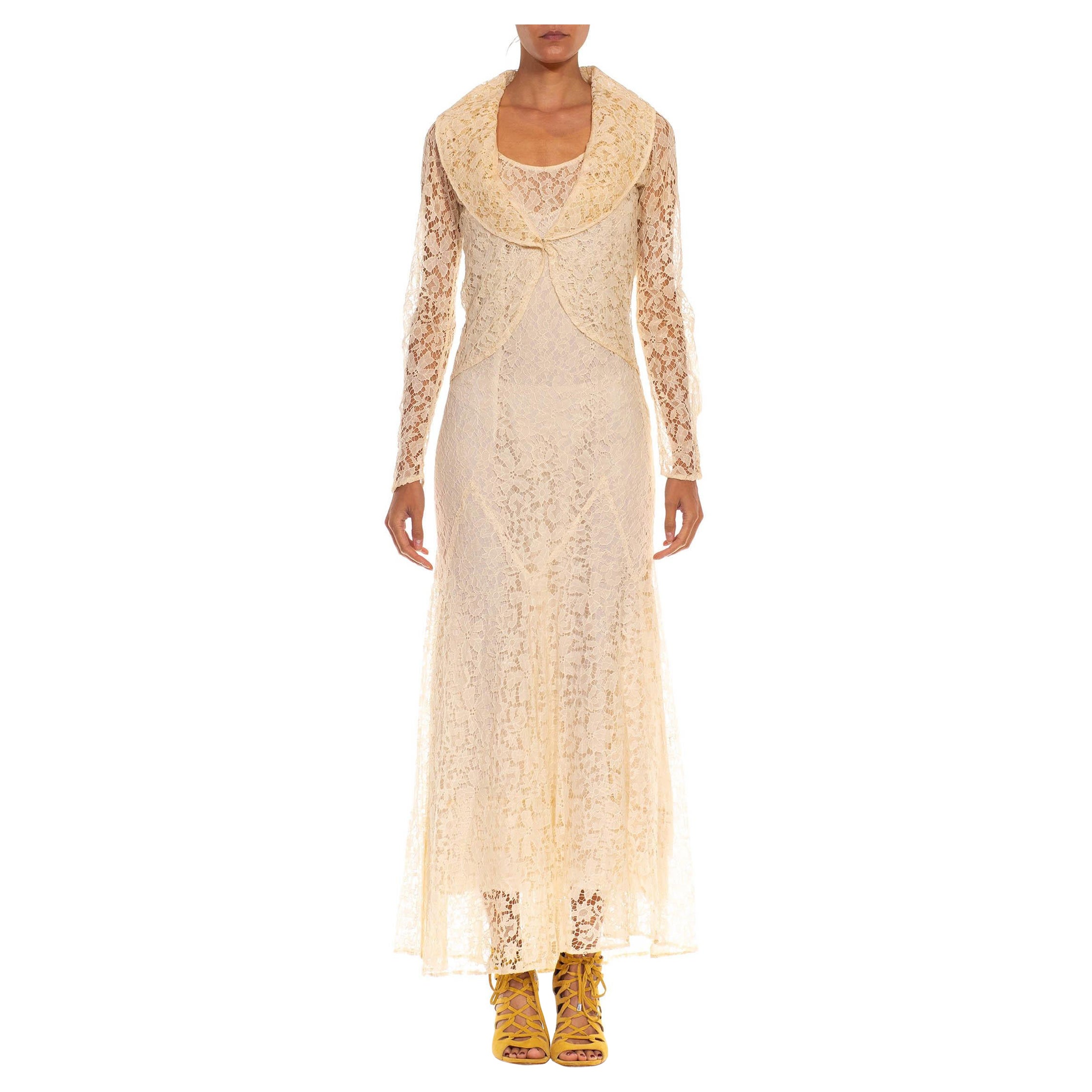 1930S Cream Silk & Rayon Corded Lace Dress Jacket Ensemble For Sale