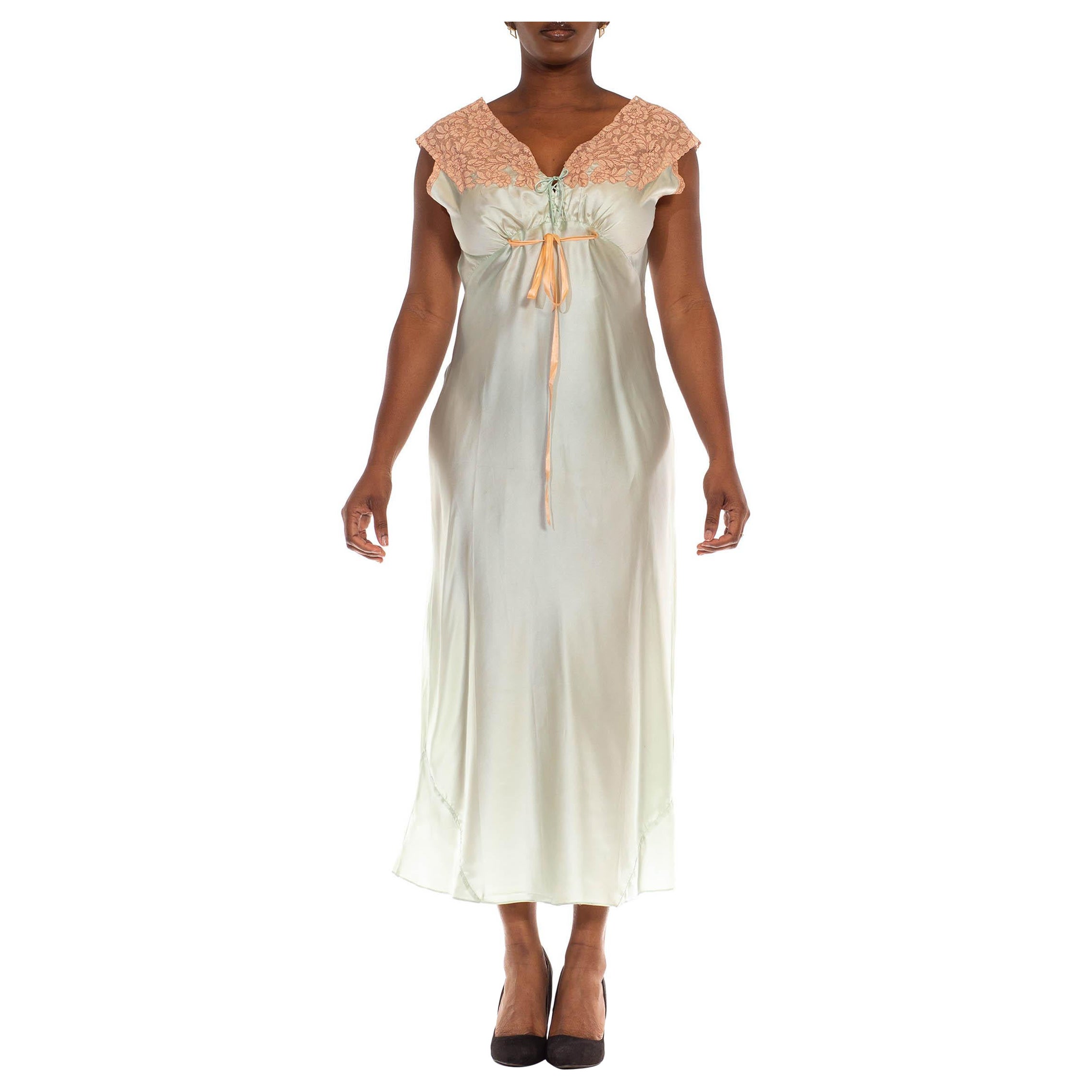 1940S Mint Rayon Satin & Lace Trim Bias Cut Slip Dress For Sale