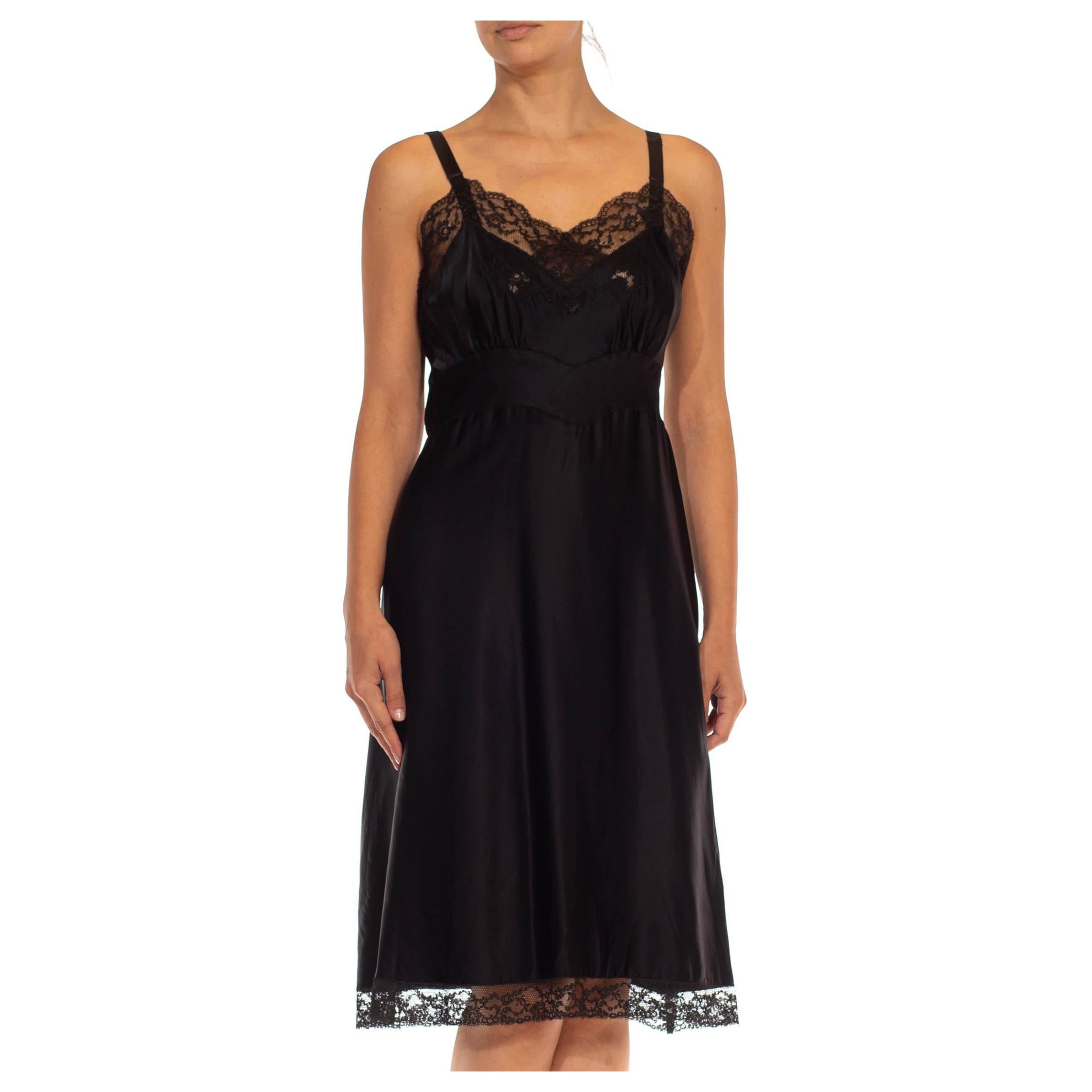 1950S Black Nylon Poly Satin & Lace Trim Slip Dress For Sale