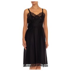 1950S Black Nylon Poly Satin & Lace Trim Slip Dress