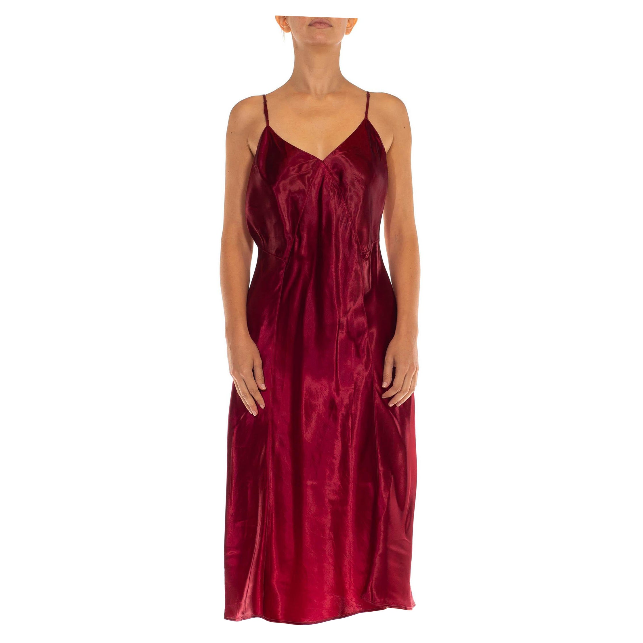 1930S Ruby Red Rayon Satin Bias Cut Slip Dress For Sale