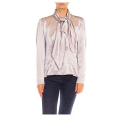 1980S PAULINE TRIGÈRE Grey Silk Satin Pussy-Bow Blouse